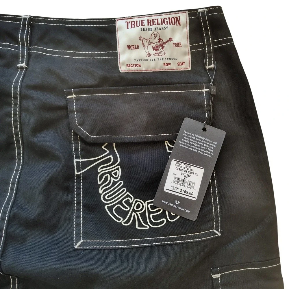 True Religion Mens Cargo SN Pant HS Jet Black Contrast Stitch Size 36 700820 NEW